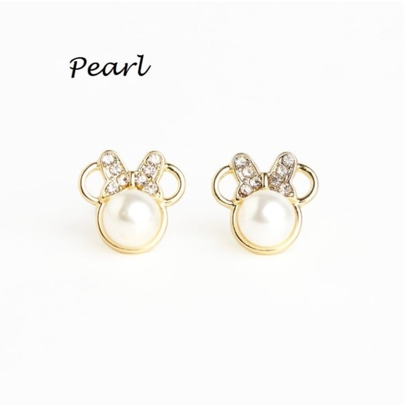 Gold Plated Disney Minnie Mouse Pearl Rhinestone Stud Earrings Cute Bow S925 - Picture 3 of 3